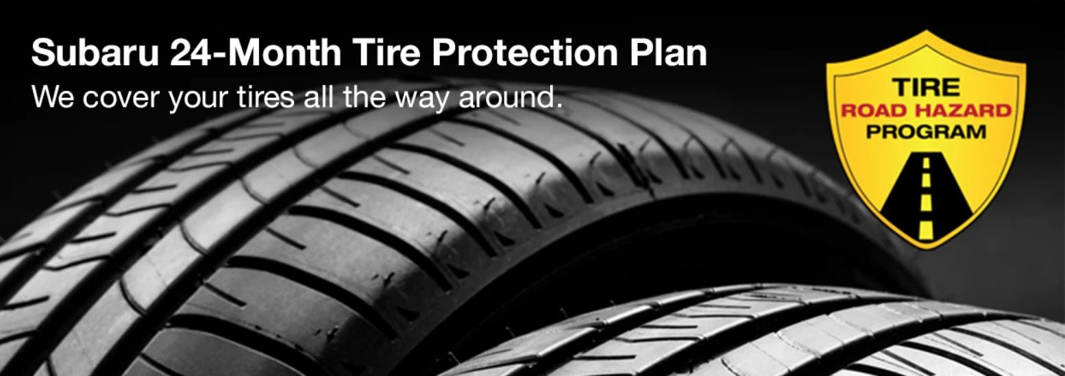 Subaru tire with 24-Month Tire Protection and road hazard program logo. | Grand Forks Subaru in Grand Forks ND