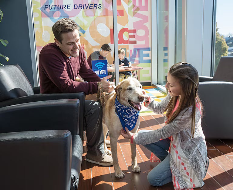 guests in lounge with dog Grand Forks Subaru in Grand Forks ND
